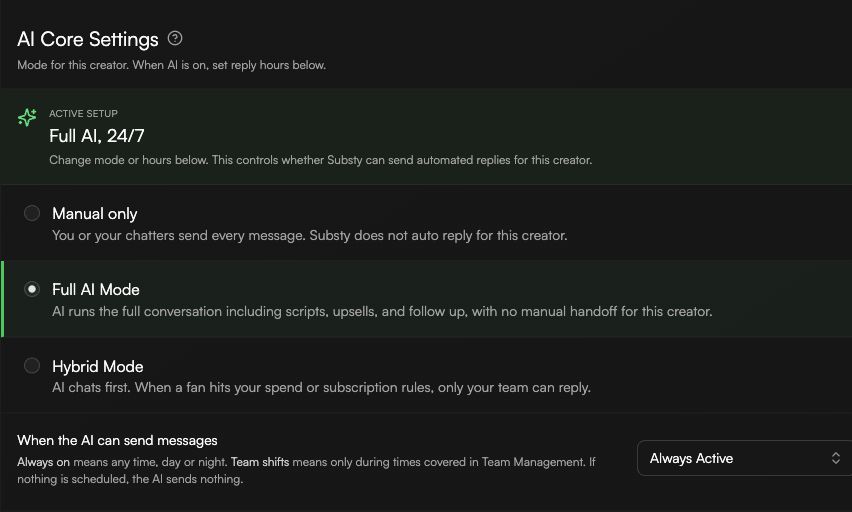 AI Core Settings showing the active setup, mode choices, and reply availability for one creator.