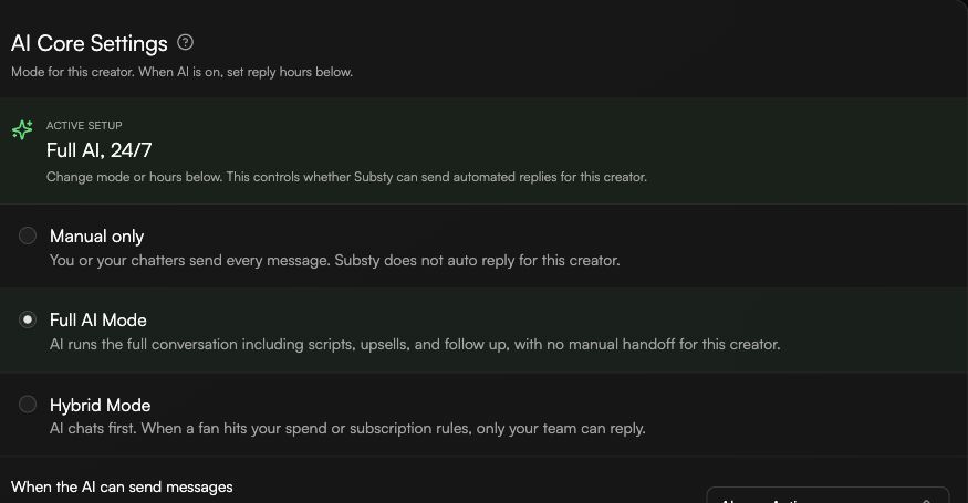 AI Core Settings showing Manual only, Full AI Mode, Hybrid Mode, and reply availability.