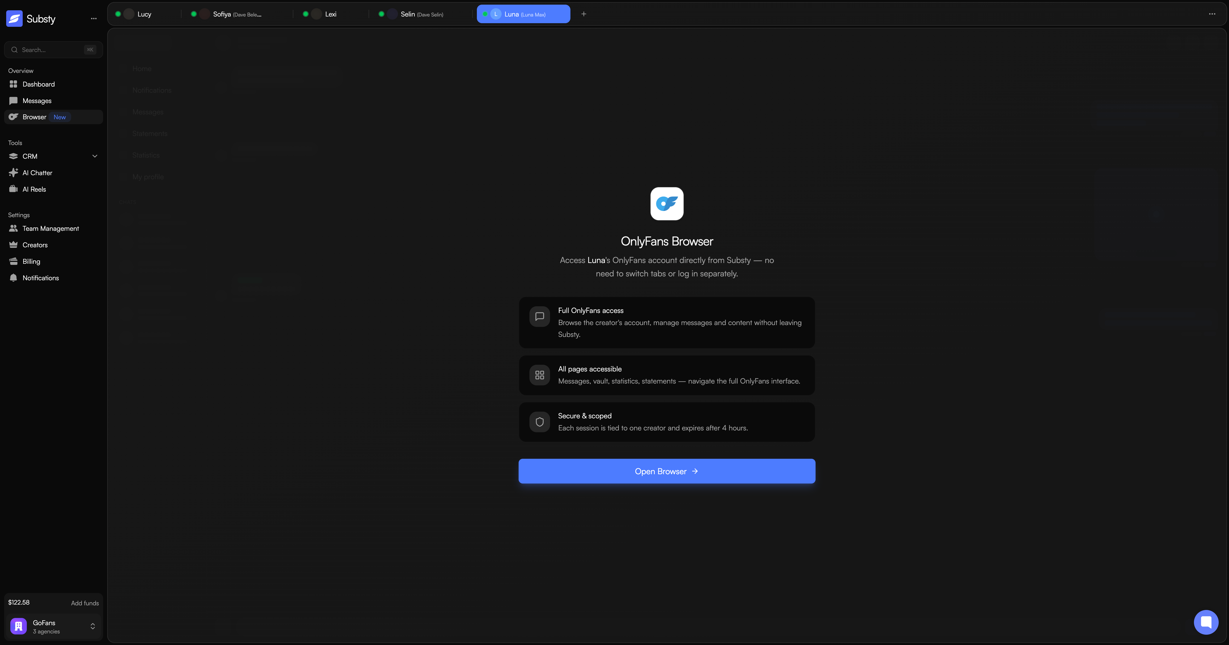 Browser launch page Browser launch page showing the Open Browser button with feature highlights