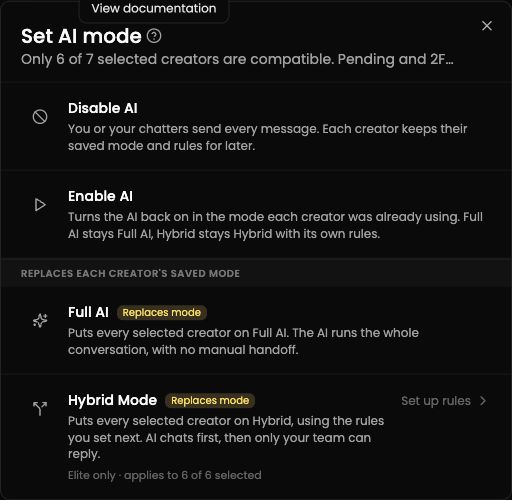 Set AI mode dialog showing Disable AI, Enable AI, Full AI, and Hybrid Mode for selected creators; displayed counts are examples.