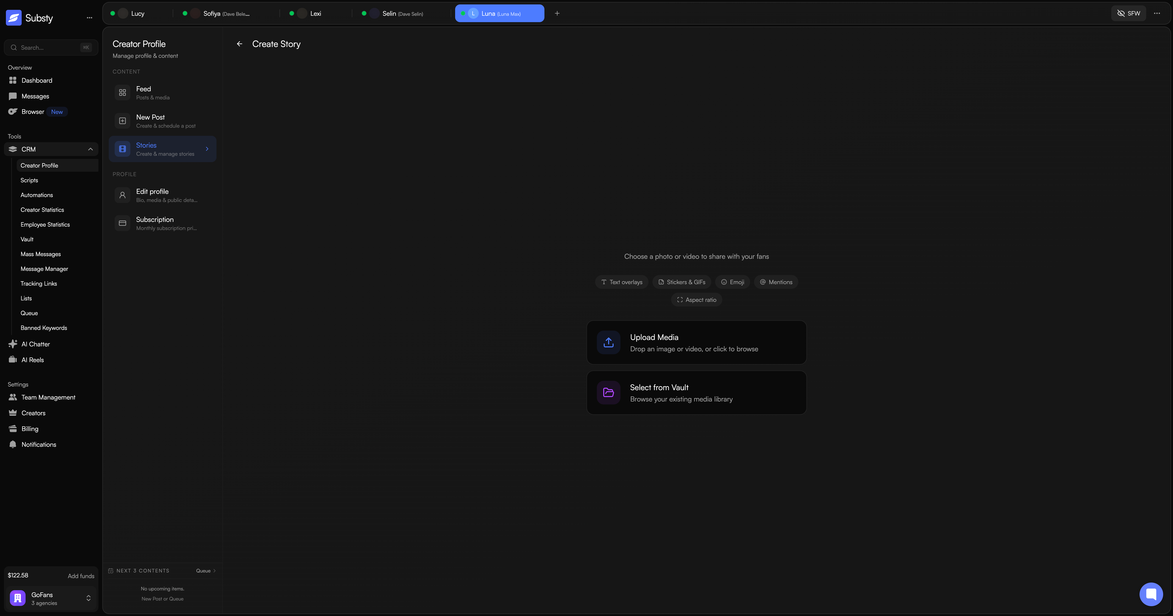 Stories creation page showing media upload and vault selection options