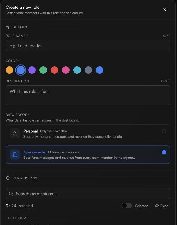 Create a new role panel with role details, Personal and Agency-wide data scope options, and permission controls.