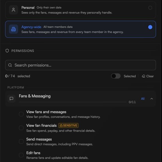 Personal and Agency-wide data scope options above an expanded Fans & Messaging permission group.