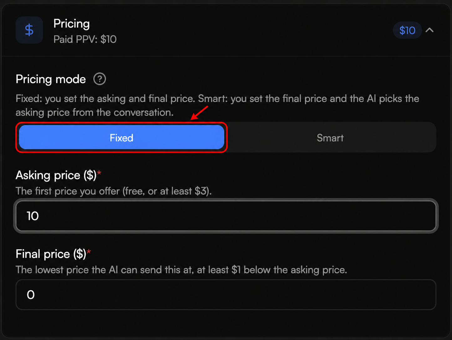 Fixed pricing selected with Asking price and Final price fields visible