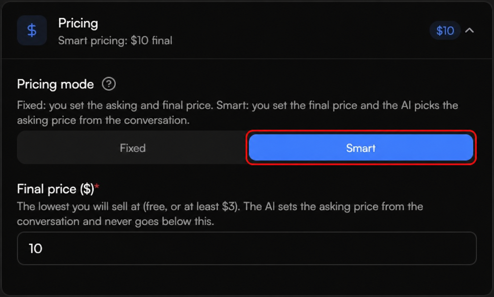 Smart pricing selected with only the Final price field visible
