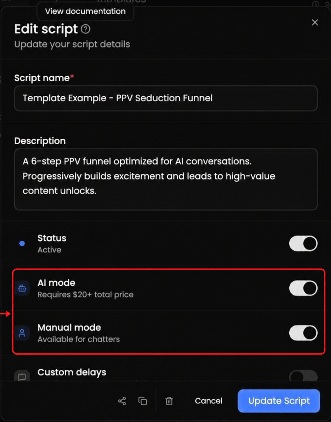AI mode and Manual mode in Edit script Edit script dialog with AI mode and Manual mode highlighted by a red box and arrow