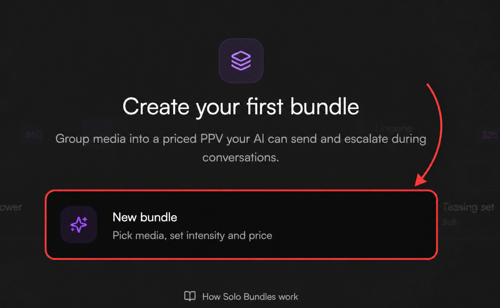 Solo Bundles empty state with the New bundle action outlined in red and pointed to by a red arrow